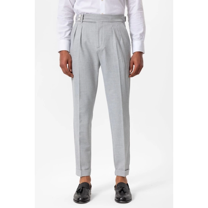 Erkek Örme Kumaş Yüksek Bel Pileli Tokalı Pantolon- Gri