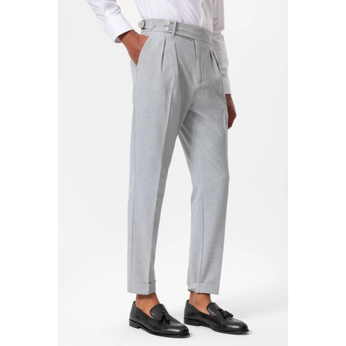 Erkek Örme Kumaş Yüksek Bel Pileli Tokalı Pantolon- Gri