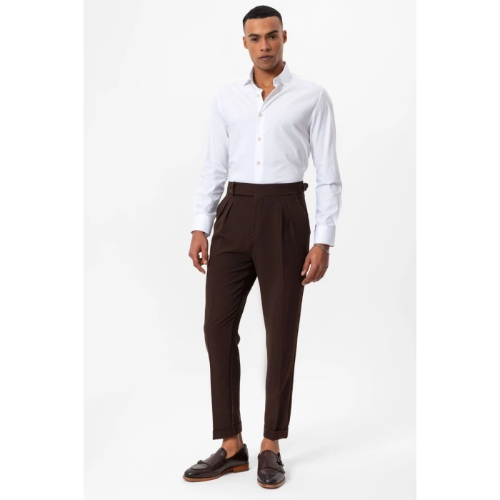 Erkek Örme Kumaş Yüksek Bel Pileli Tokalı Pantolon- Kahverengi