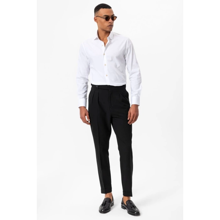 Erkek Örme Kumaş Yüksek Bel Pileli Tokalı Pantolon-Siyah