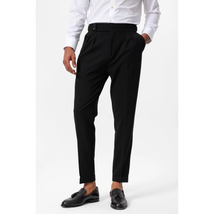 Erkek Örme Kumaş Yüksek Bel Pileli Tokalı Pantolon-Siyah