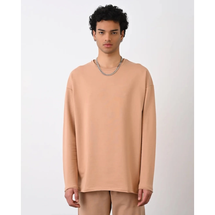 Erkek Owersize Bisiklet Yaka Basic Sweatshirt - Taba