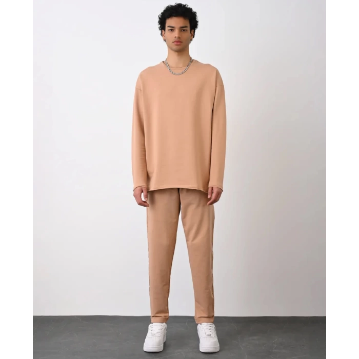 Erkek Owersize Bisiklet Yaka Basic Sweatshirt - Taba