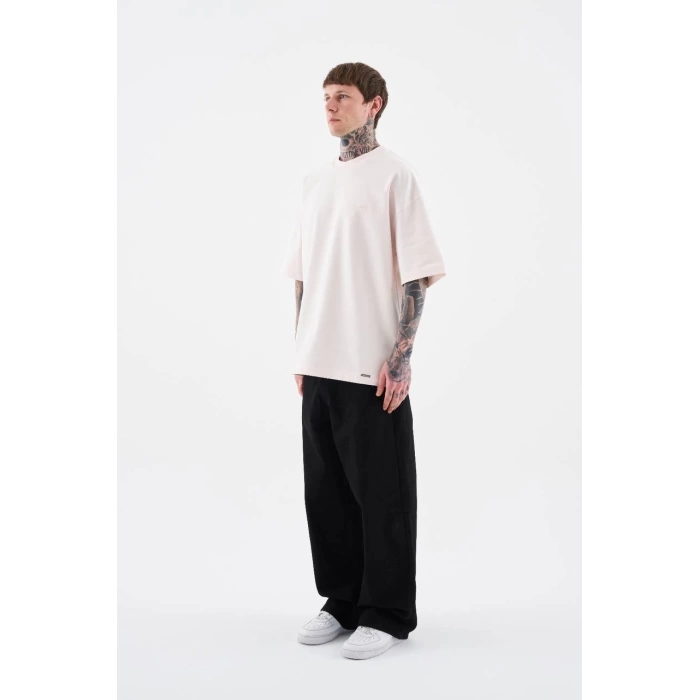 Erkek Owersize Kalıp Basic Tişört - Krem