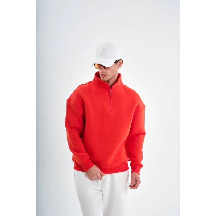 Erkek Owersize Kalıp İçi Şardonlu Yakası Fermuarlı Sweatshirt -Kırmızı