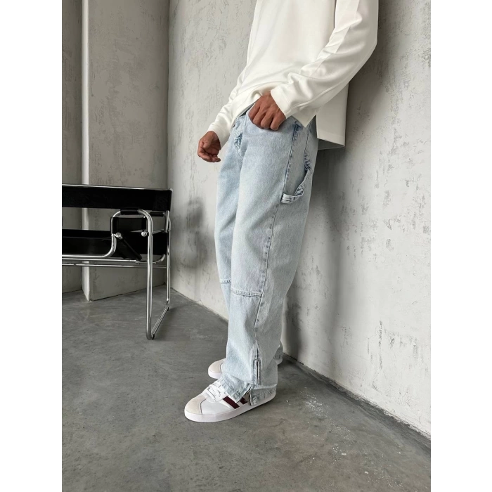 Erkek Rahat Kalıp Taşlamalı Kar Yıkamalı Baggy Kot Pantolon - A Mavi