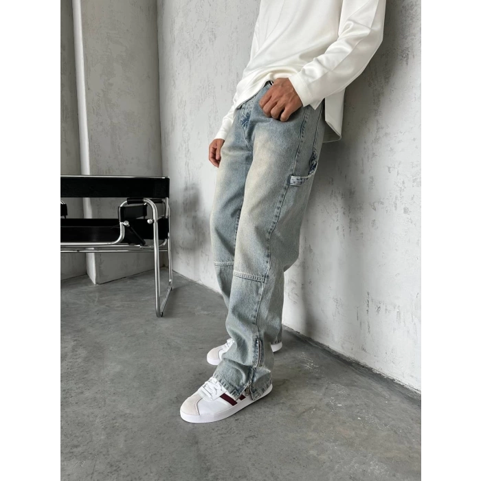 Erkek Rahat Kalıp Taşlamalı Kar Yıkamalı Baggy Kot Pantolon -Krem M