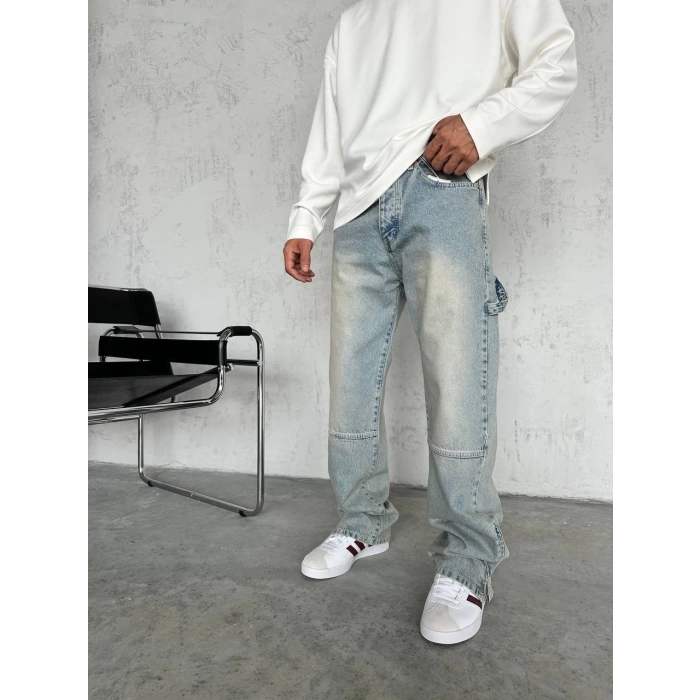 Erkek Rahat Kalıp Taşlamalı Kar Yıkamalı Baggy Kot Pantolon -Krem M