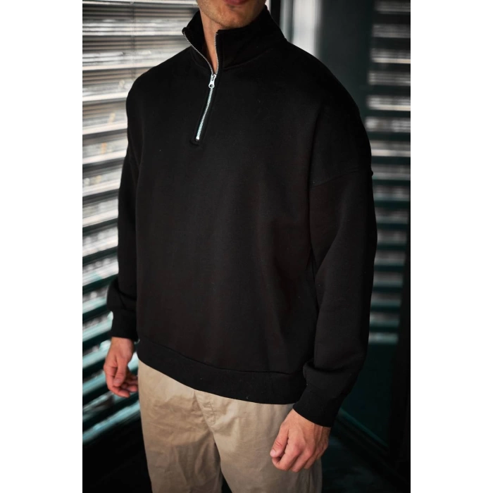 Erkek Yakası Fermuarlı İçi Şardonlu Sweatshirt - Siyah