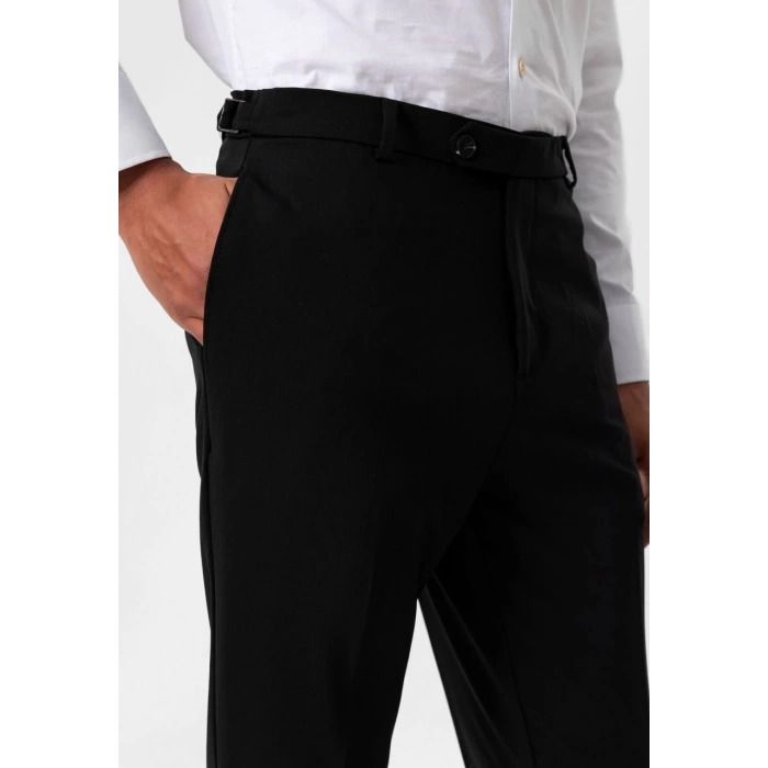 Erkek Yanı Tokalı Double Paça Kumaş Pantolon- Siyah