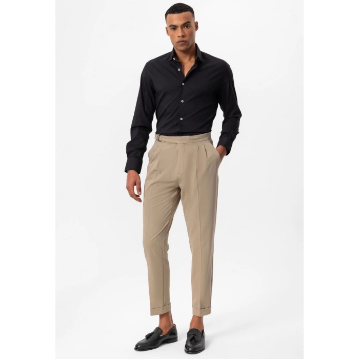 Erkek Yüksek Bel Pileli Tokalı Kumaş Pantolon- Bej