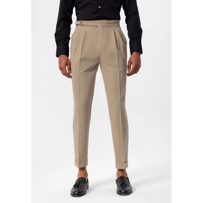 Erkek Yüksek Bel Pileli Tokalı Kumaş Pantolon- Bej