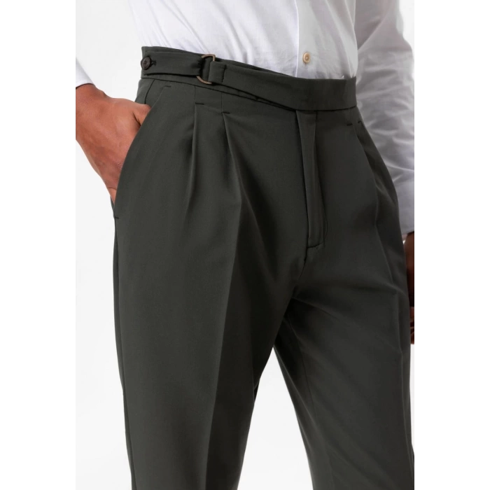 Erkek Yüksek Bel Pileli Tokalı Kumaş Pantolon- Yeşil
