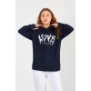 Bisiklet Yaka Owersıze Kapüşonlu Love Baskılı Sweatshirt -Lacivert