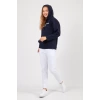 Bisiklet Yaka Owersıze Kapüşonlu All Baskılı Sweatshirt -Lacivert