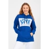 Bisiklet Yaka Owersıze Kapüşonlu Love Baskılı Sweatshirt -Mavi