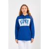 Bisiklet Yaka Owersıze Kapüşonlu Love Baskılı Sweatshirt -Mavi