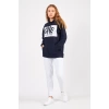 Bisiklet Yaka Owersıze Kapüşonlu Love Baskılı Sweatshirt -Lacivert