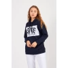 Bisiklet Yaka Owersıze Kapüşonlu Love Baskılı Sweatshirt -Lacivert