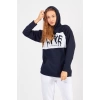 Bisiklet Yaka Owersıze Kapüşonlu Love Baskılı Sweatshirt -Lacivert