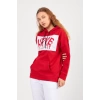 Bisiklet Yaka Owersıze Kapüşonlu Love Baskılı Sweatshirt -Kırmızı