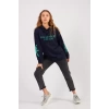 Bisiklet Yaka Owersıze Kapüşonlu Go Baskılı  Sweatshirt -Lacivert