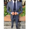 Erkek Dar Kesim Slimfit Yelekli Takım Elbise - Mavi