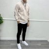Erkek İçi Şardonlu Yakası Fermuarlı Sweatshirt - Taş Rengi