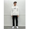 Erkek Oversize İçi Şardonlu Baskılı Kapişonlu Sweatshirt - Beyaz