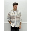 Erkek Rahat Kesim Cepli Desenli Oduncu gömleği - Krem Vizon