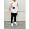 Kapüşonlu Renkli İç Kısmı Şardonlu Oversize Sweatshirt - Beyaz