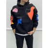Kapüşonlu Renkli İç Kısmı Şardonlu Oversize Sweatshirt - Siyah