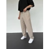 Erkek Beli Lastikli Likralı Kumaş Bagy Pantolon-Krem