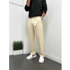 Erkek Beli Lastikli Likralı Kumaş Bagy Pantolon-Krem