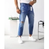 Erkek Boyfriend Taşlamalı Yırtık Likrasız Kot Pantolon - Mavi