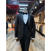 Erkek Dar Kesim Slimfit Yelekli Yakası Çıkabilen Damatlık Takım Elbise-Siyah