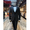 Erkek Dar Kesim Slimfit Yelekli Yakası Çıkabilen Damatlık Takım Elbise-Siyah