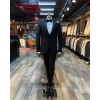 Erkek Dar Kesim Slimfit Yelekli Yakası Çıkabilen Damatlık Takım Elbise-Siyah