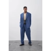 Erkek Owersıze Kruvaze Takım Elbise-Mavi