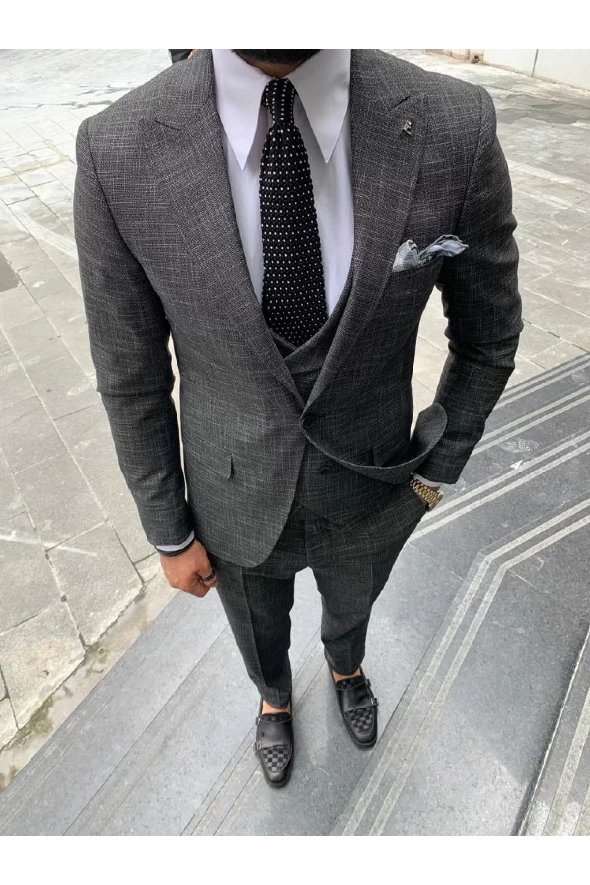 Erkek Dar Kesim Kendinden Desenli Yelekli Takım Elbise-Füme