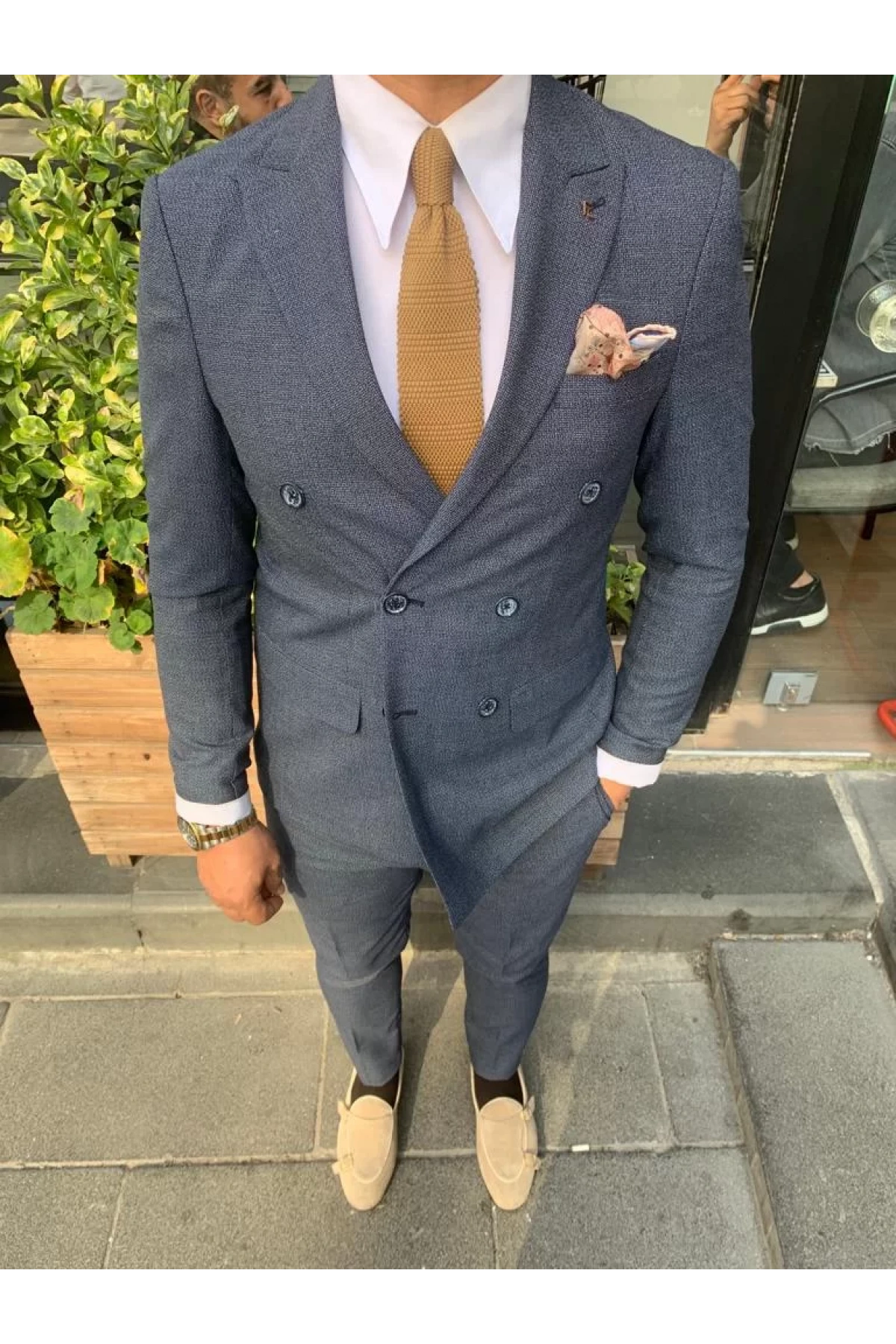 Erkek Dar Kesim Silimfit Kruvaze Takım Elbise-Lacivert