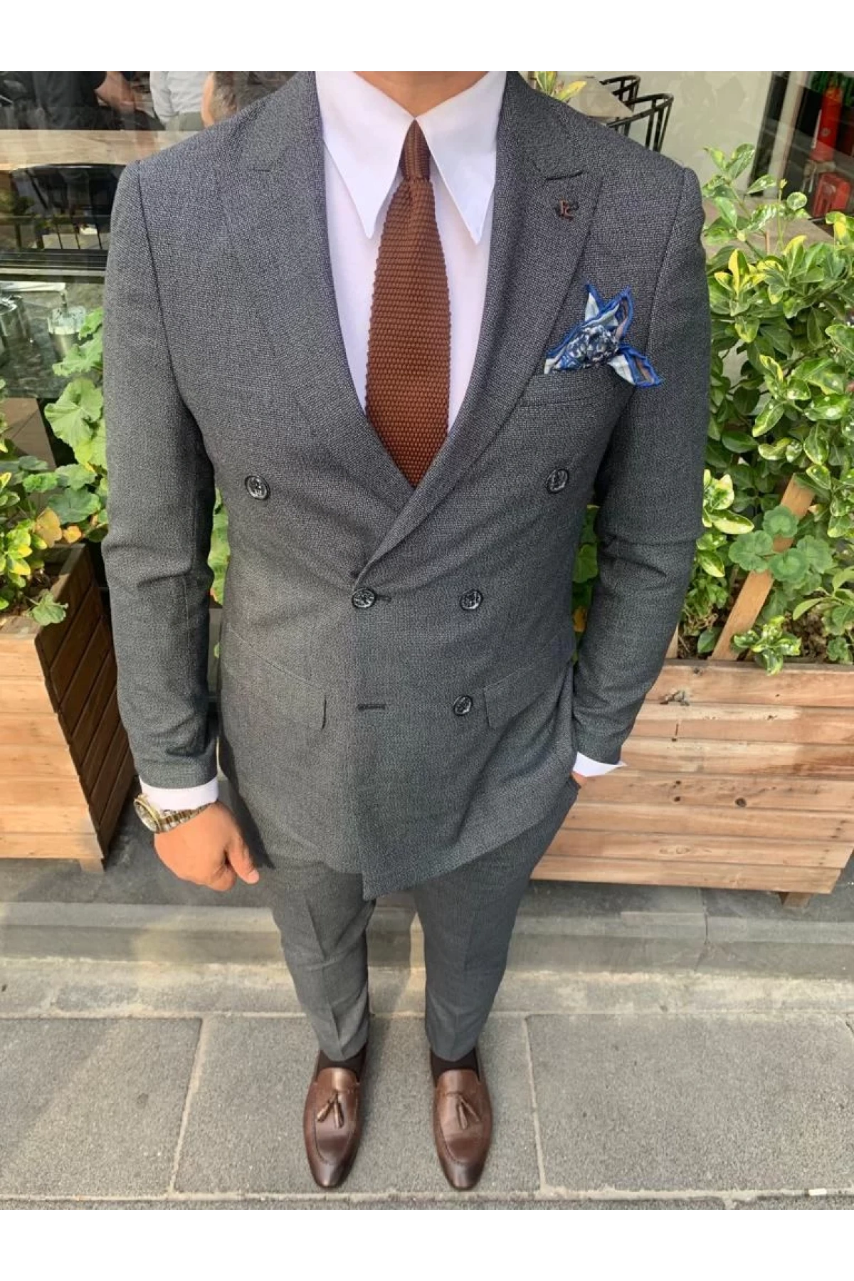 Erkek Dar Kesim Silimfit Kruvaze Takım Elbise-Siyah