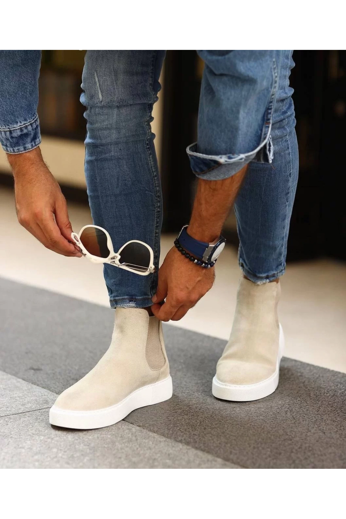 Yeni Sezon Erkek Eva Taban Deri Chelsea Bot - Bej