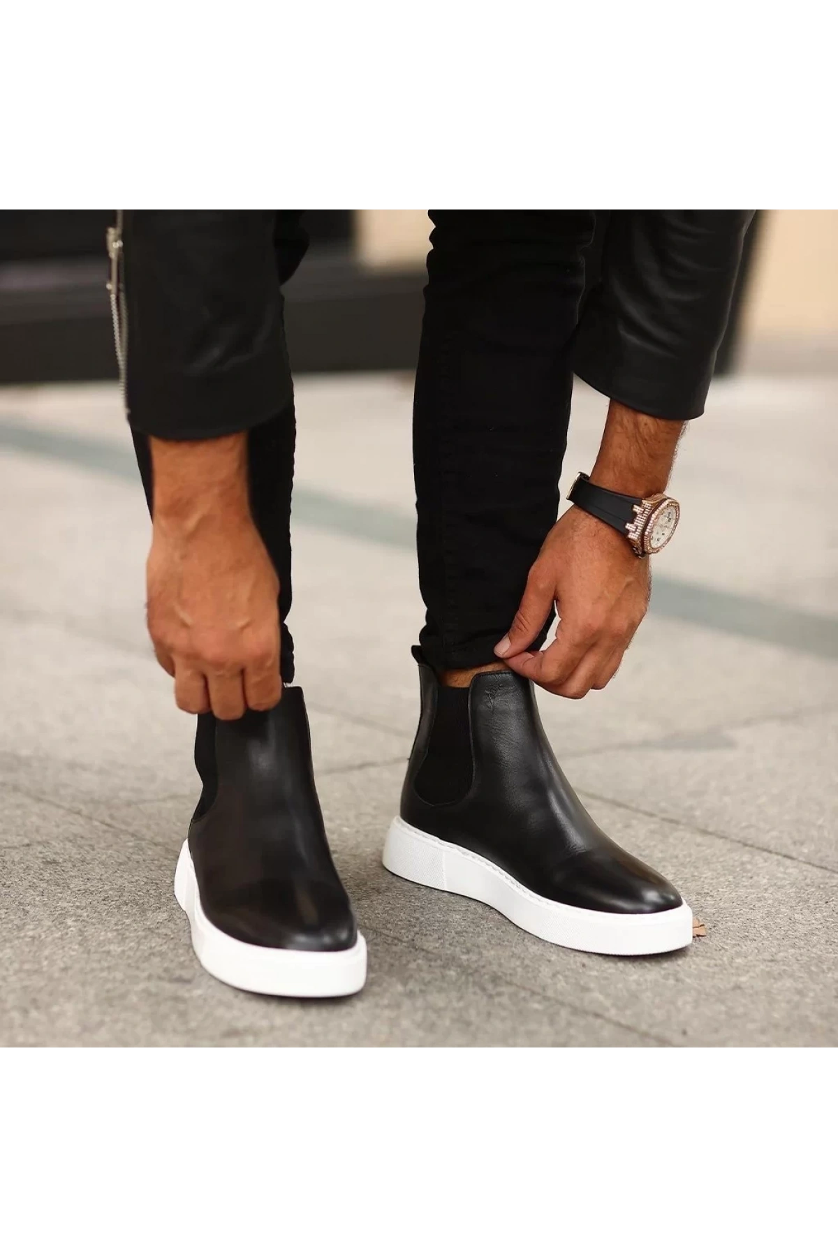 Yeni Sezon Erkek Eva Taban Deri Chelsea Bot - Siyah Beyaz