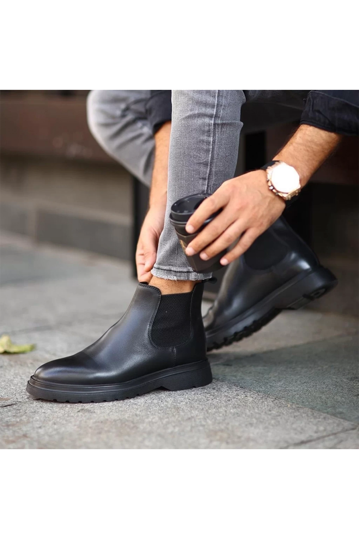 Yeni Sezon Erkek Eva Taban Deri Chelsea Casual Bot - Siyah