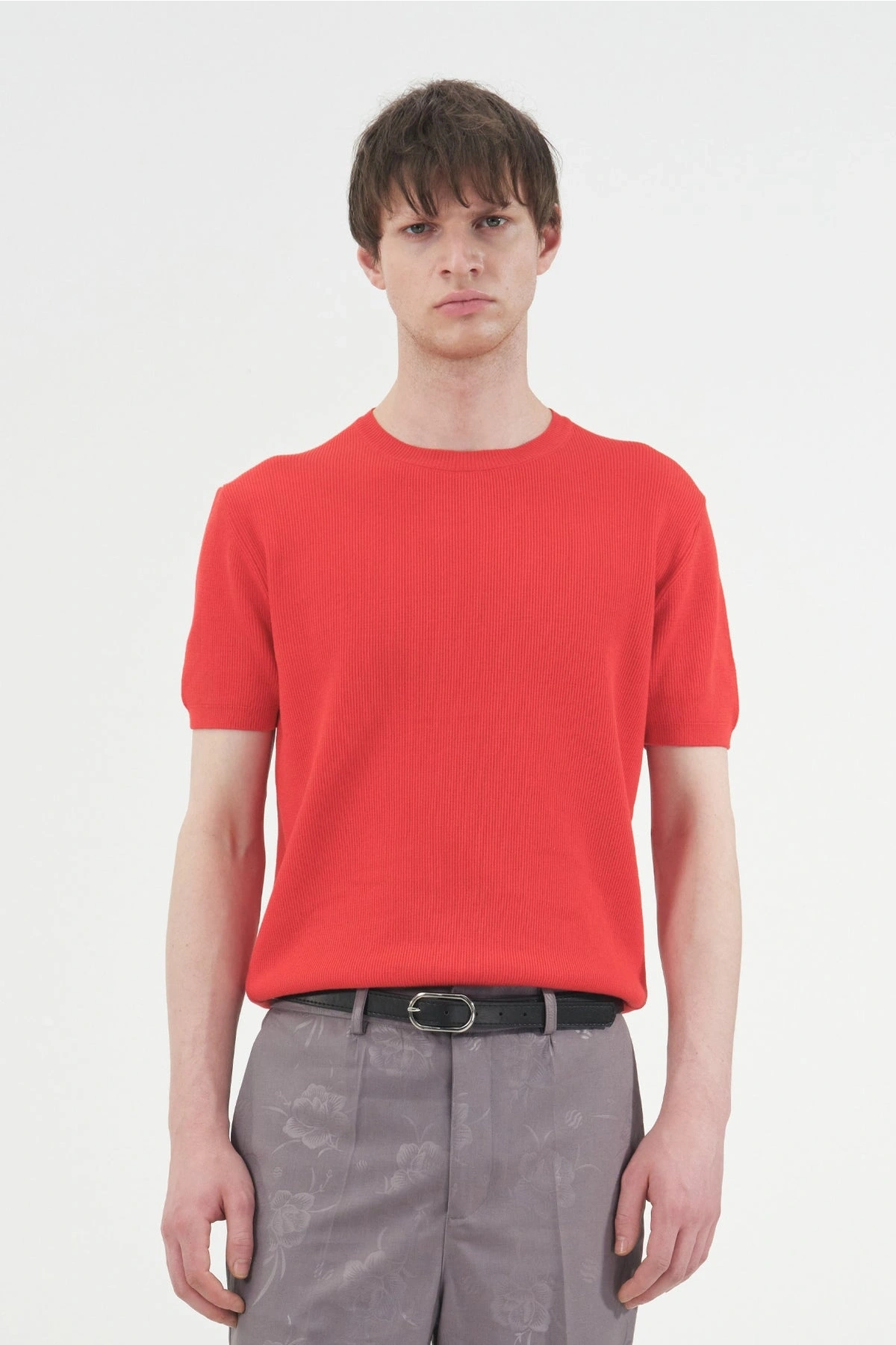 Erkek Normal Kesim Bisiklet Yaka Triko Thişört -Kırmızı