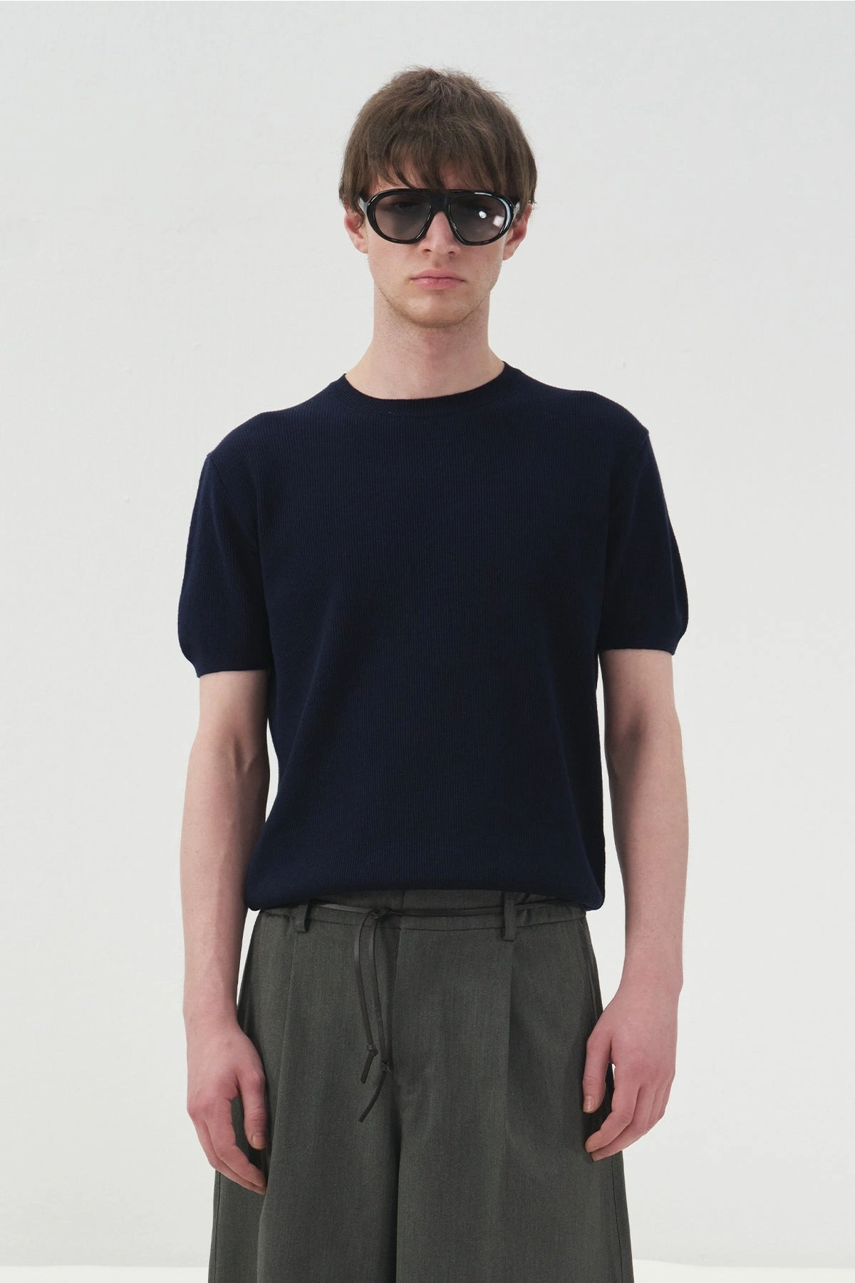 Erkek Normal Kesim Bisiklet Yaka Triko Thişört -Lacivert