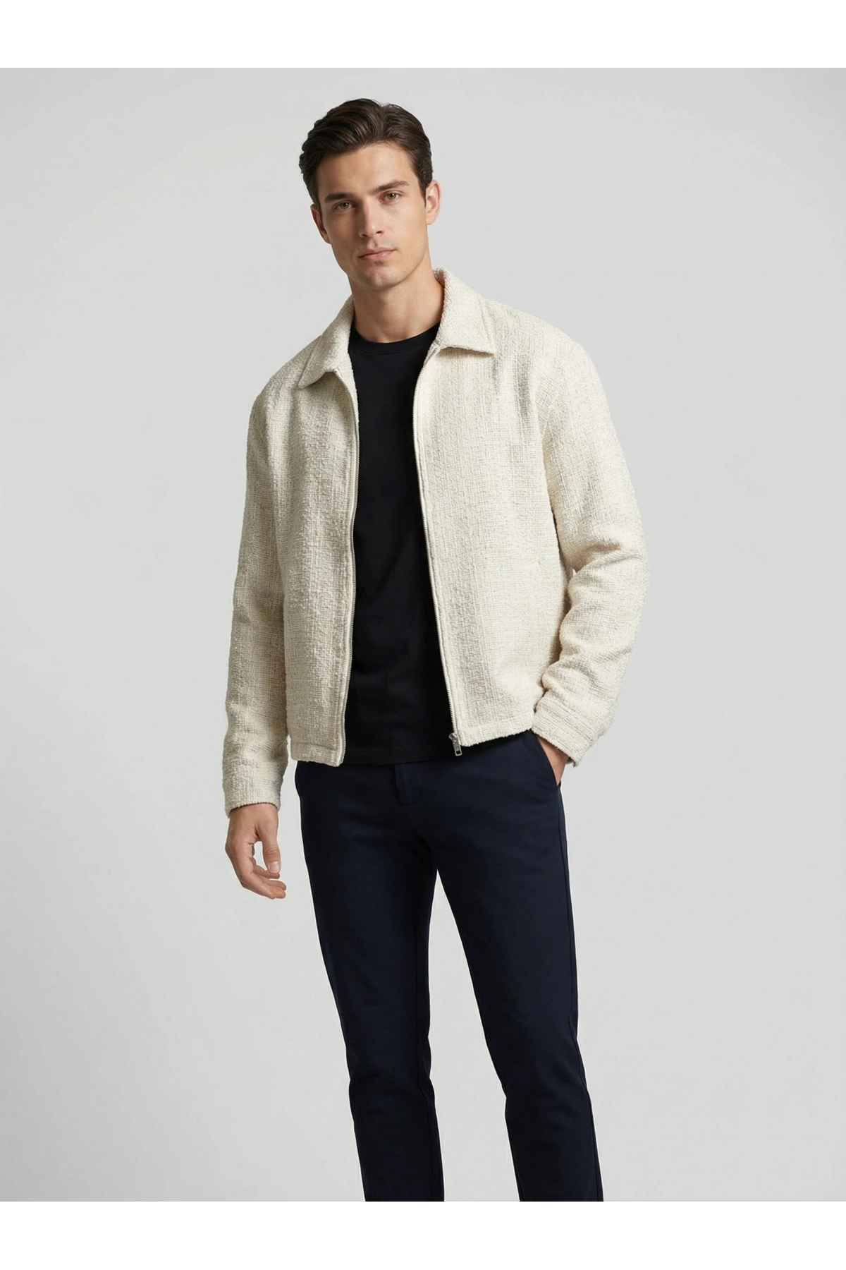 Erkek Polo Yaka Keten İnce Baharlık Mont- Krem