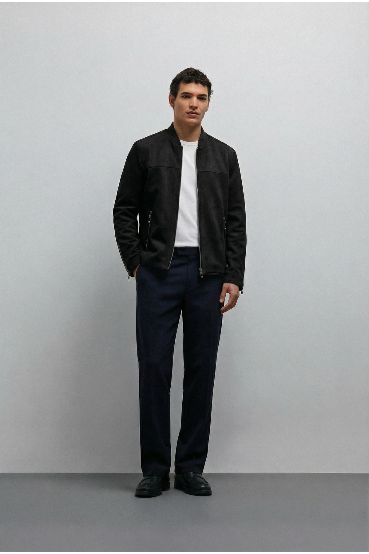 Erkek Dar Kesim Fermuarlı Süet Mont- Kahverengi