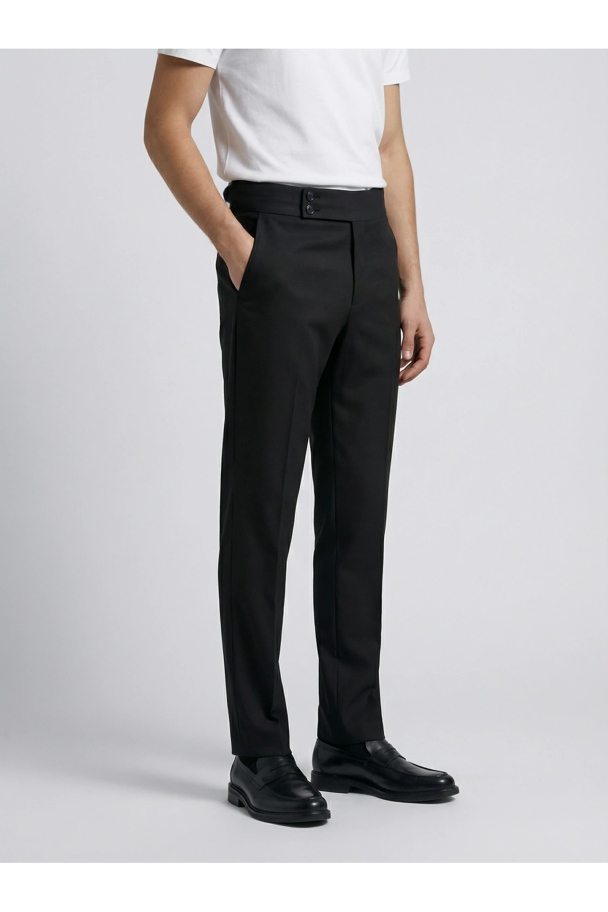 Erkek Dar Kesim Tokalı Yüksek Bel Pileli Duble Paça Keten Pantolon-Siyah